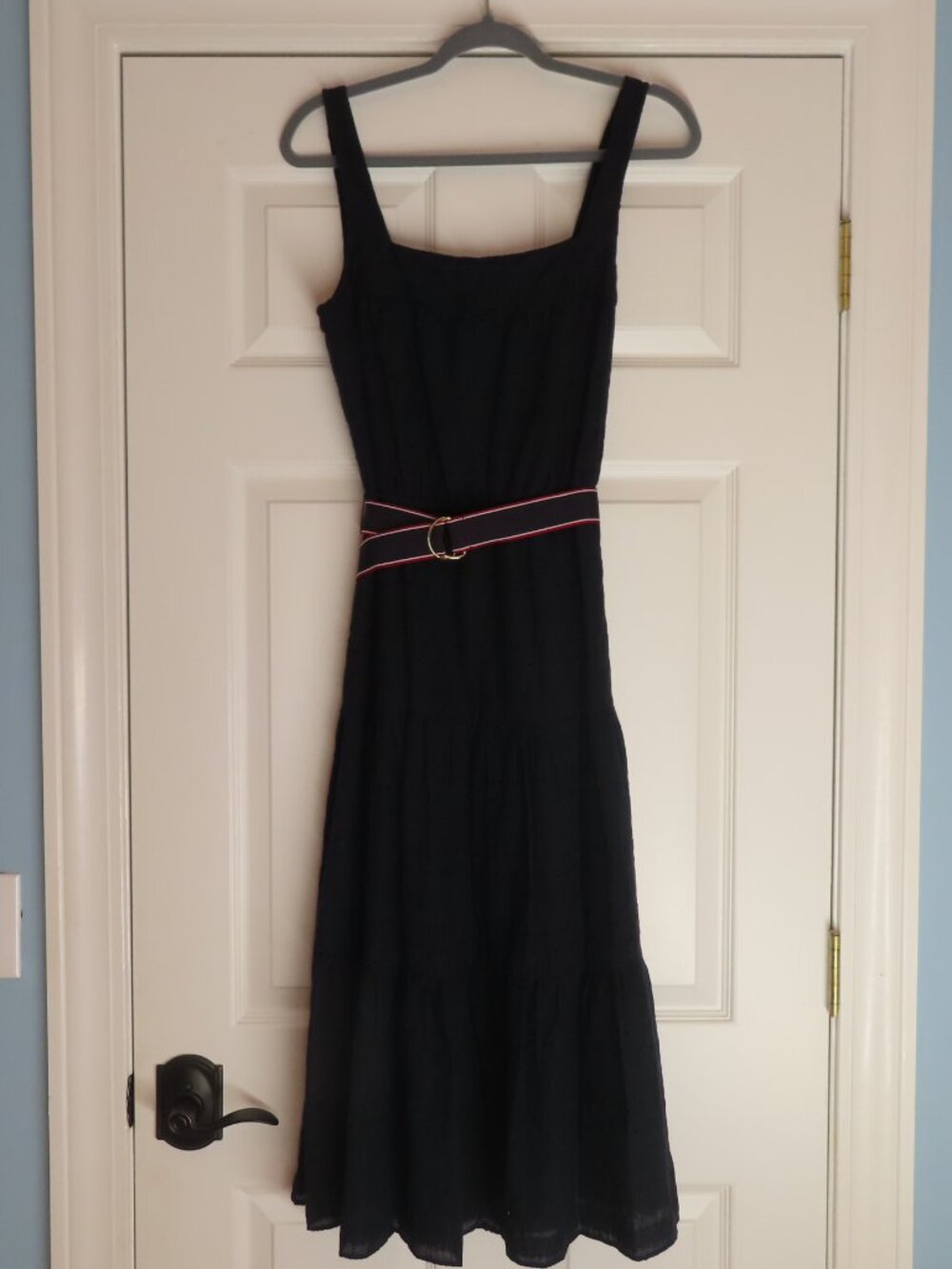 Tommy Hilfiger Dress Eyelet Tiered Lined Blue Midi 10 Cotton Classic Cottagecore